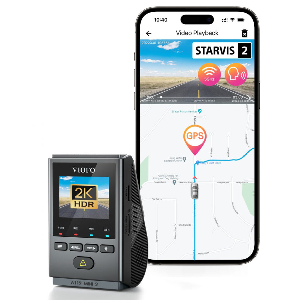 VIOFO A119 Mini 2 single-channel 2K dash camera shown with phone playback and GPS.