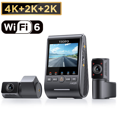 VIOFO A329S 3-channel dash cam with 4K front, 2K cabin and 2K rear cameras.